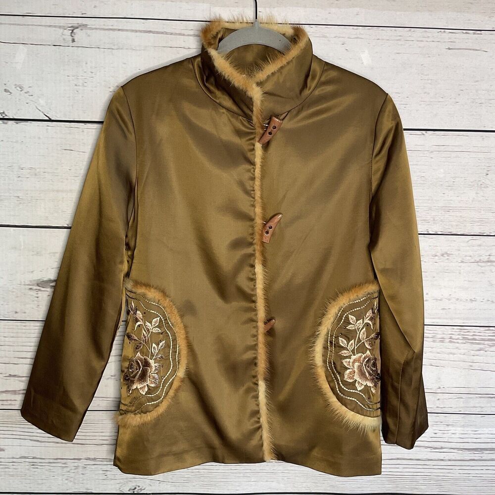 Vintage Oriental Jacket Womens Medium Bronze Tailored Blazer Fur Trim Embroidery
